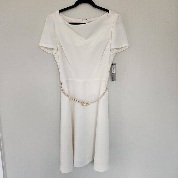 Tahari NWT Size 12 Cowl Neck Fit & Flare Belted Short Sleeve Mini Dress Vanilla - Picture 1 of 12